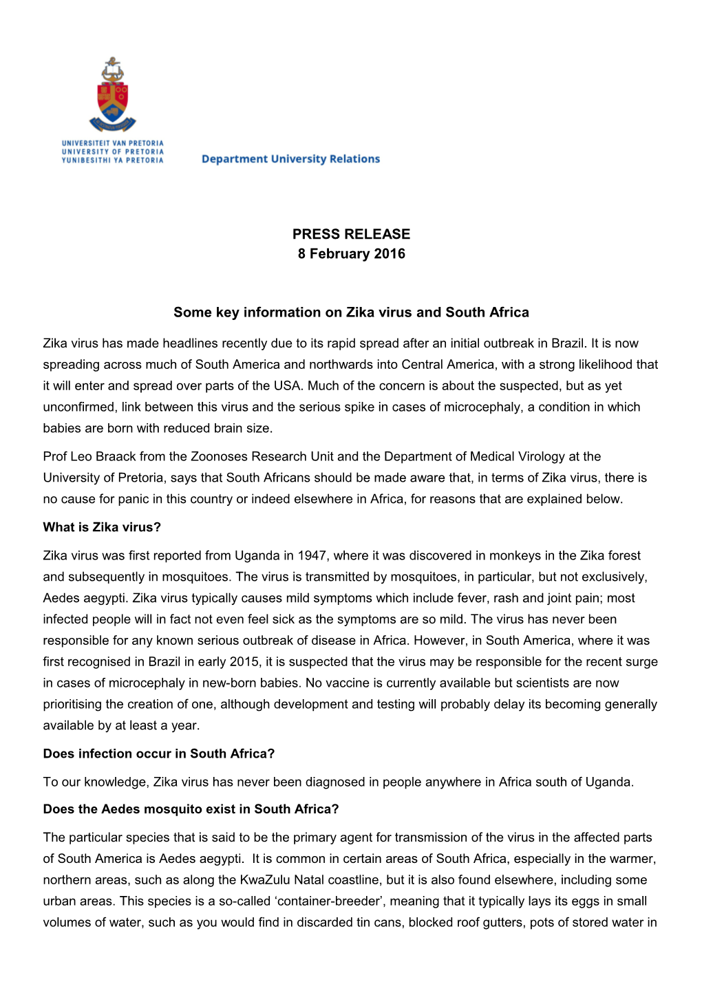 Some Key Information on Zika Virus and South Africa
