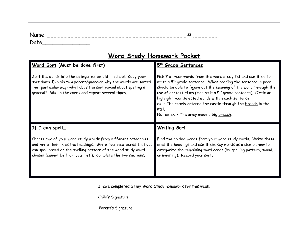 Word Study Homework Packet