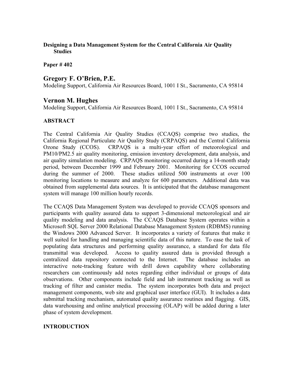 Designing a Data Management System for the Central California Air Quality Studies