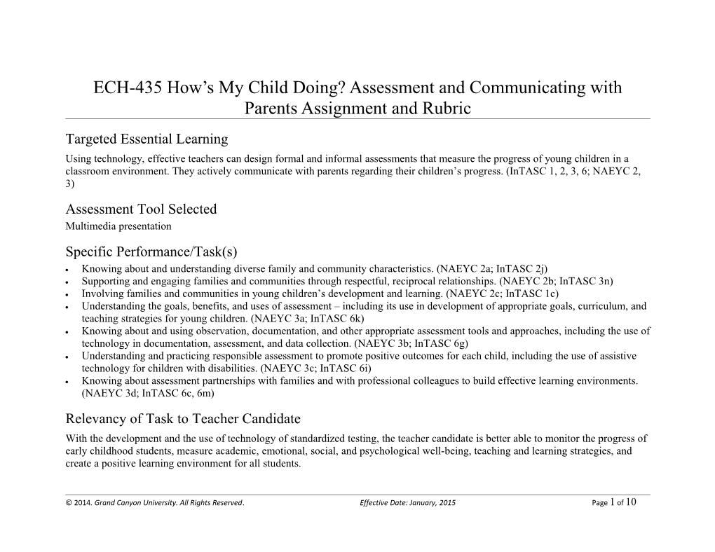 ECH-435 How S My Child Doing? Assessment and Communicating with Parents Assignment and Rubric