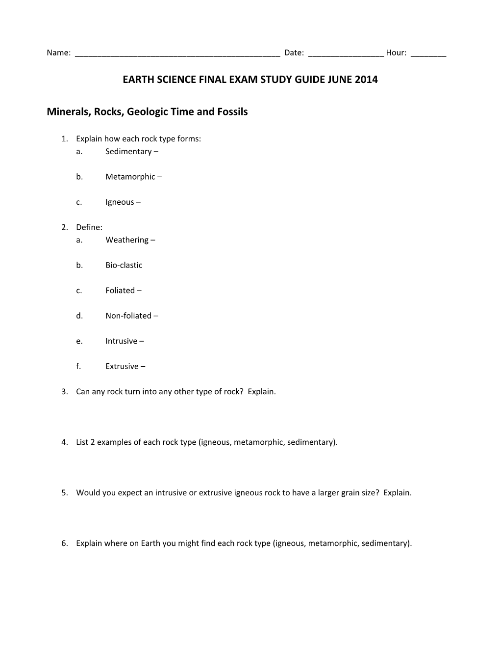 Earth Science Final Exam Study Guide June 2014