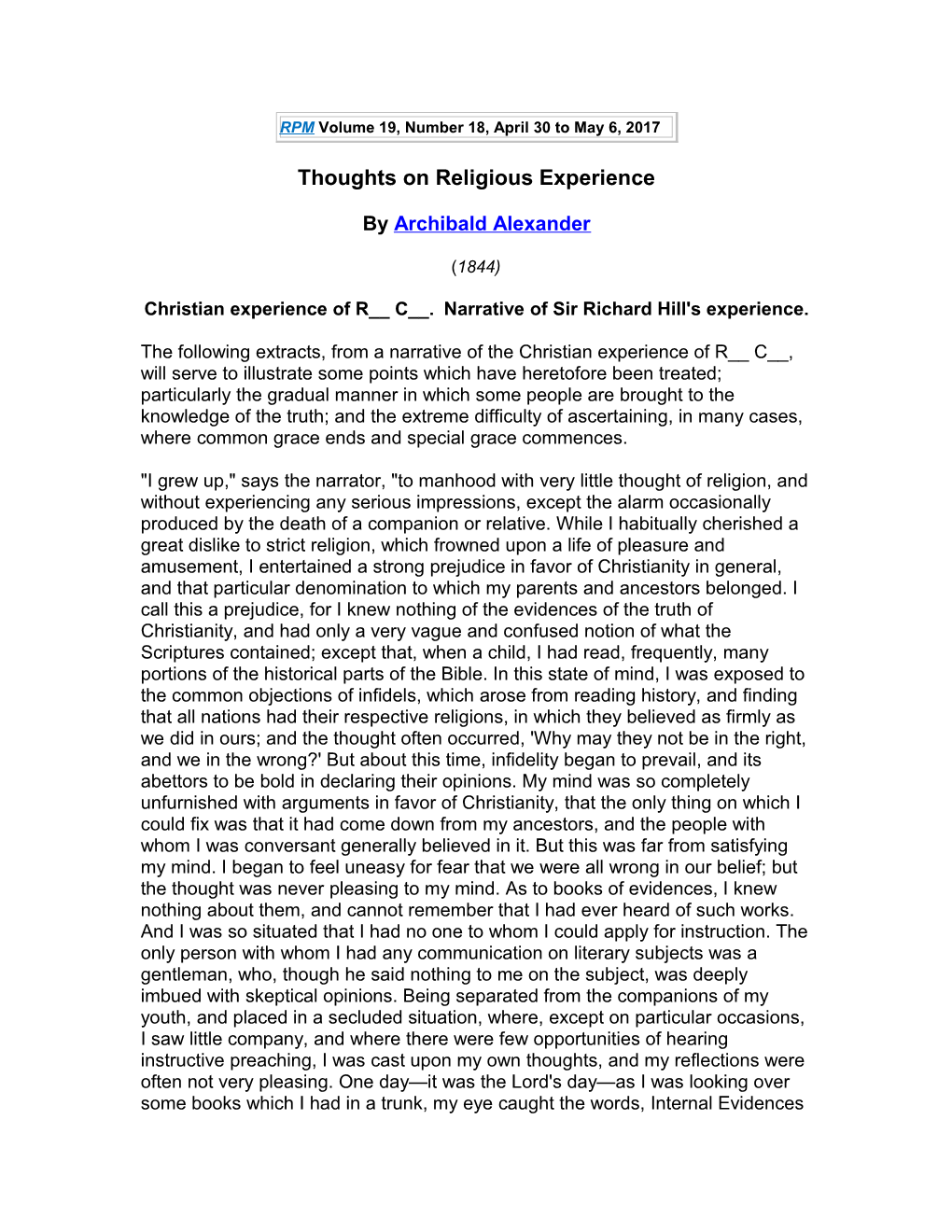 Christian Experience of R__ C__.Narrative of Sir Richard Hill's Experience