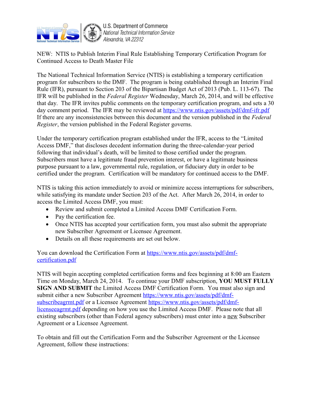 NEW: NTIS to Publish Interim Final Rule Establishing Temporary Certification Program For