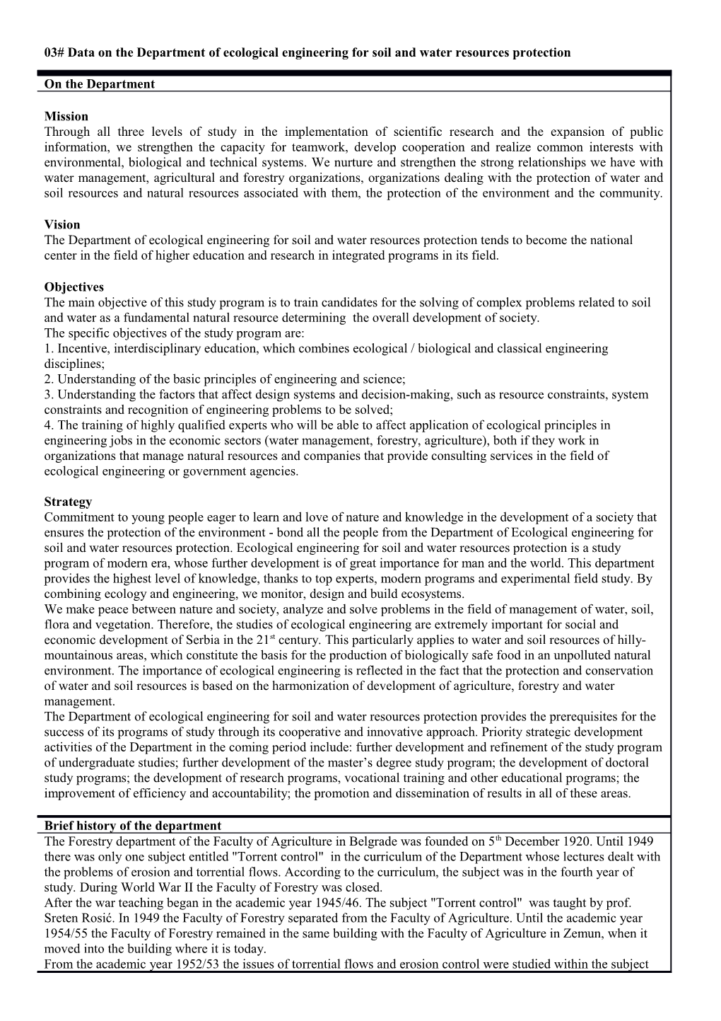 03# Data on the Department of Ecological Engineering for Soil and Water Resources Protection