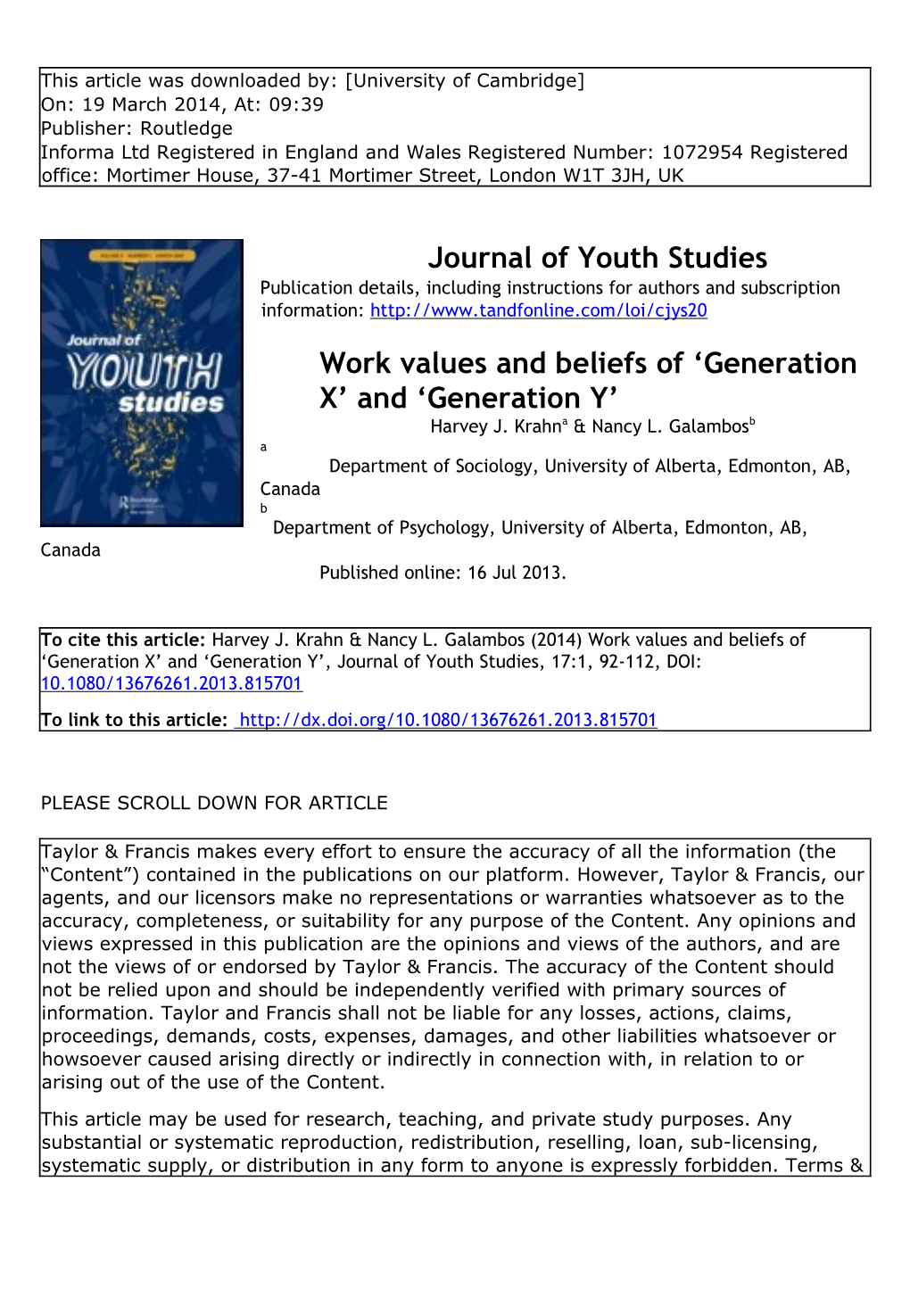 Work Values and Beliefs of 'Generation X' and 'Generation Y'