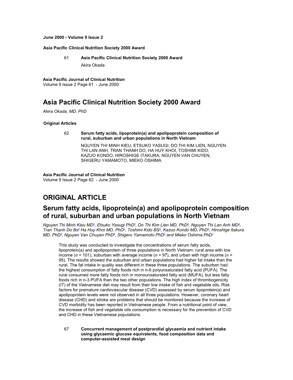 Asia Pacific Clinical Nutrition Society 2000 Award