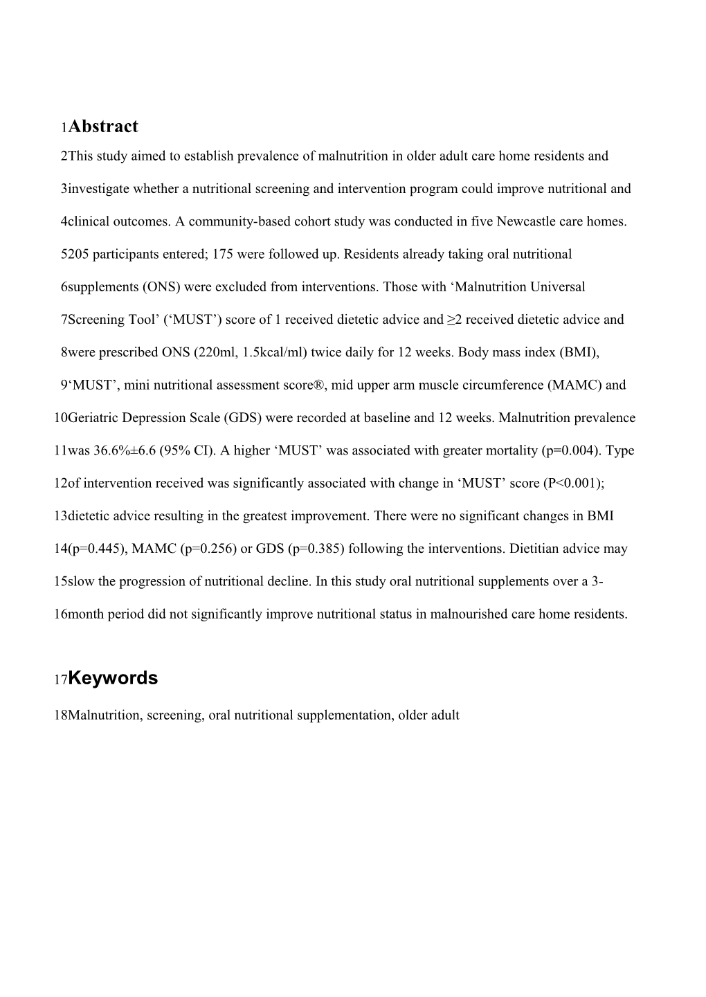 Malnutrition, Screening, Oral Nutritional Supplementation, Older Adult Introduction