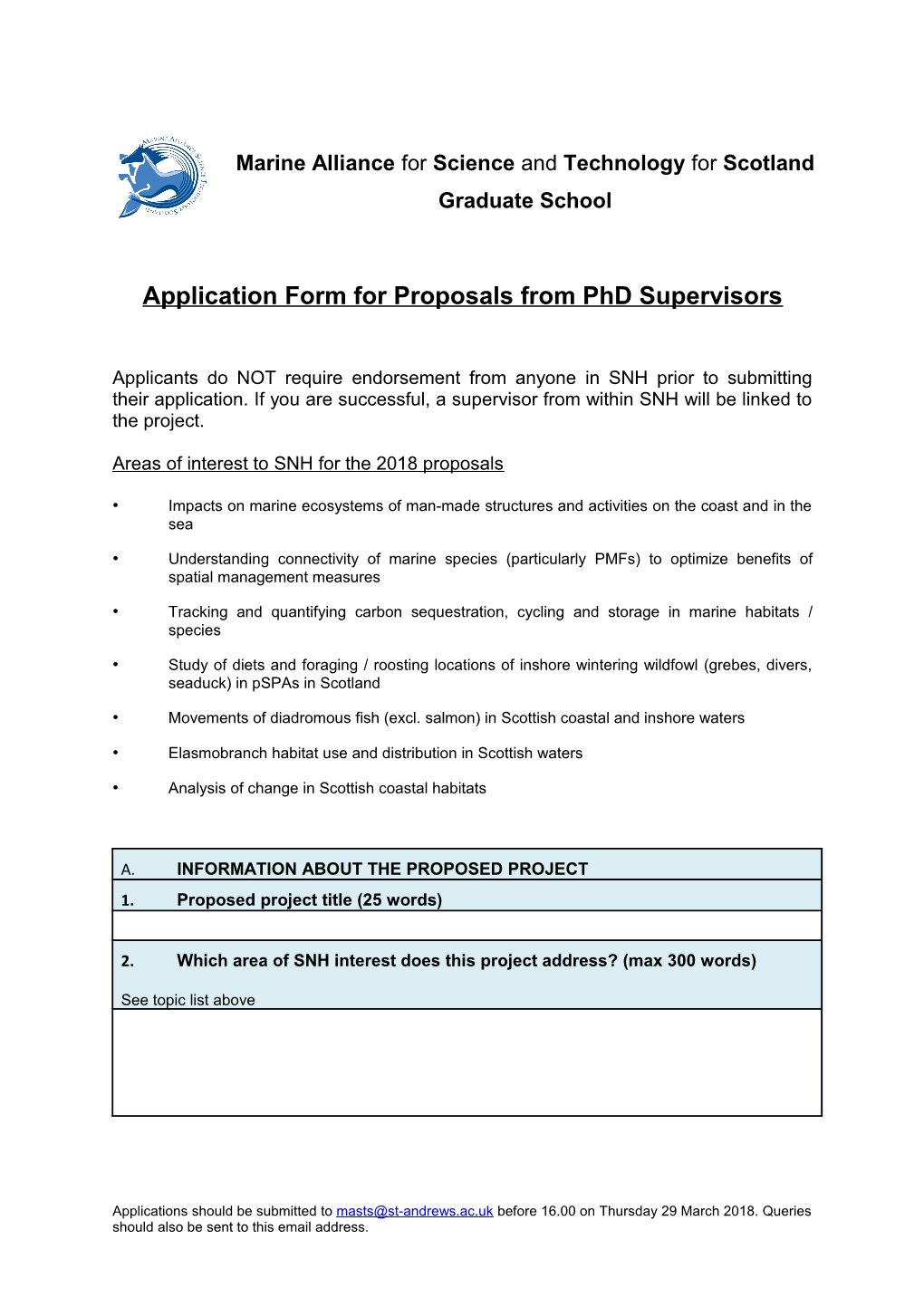 Application Form for Proposals from Phd Supervisors