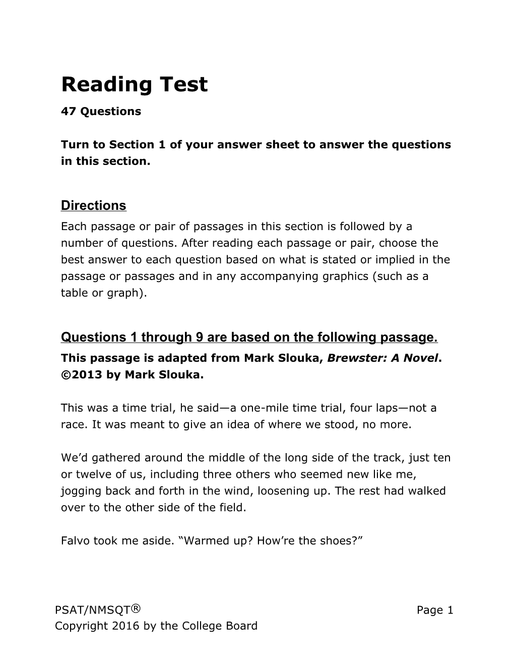 PSAT/NMSQT Practice Test 2 for Assistive Technology Reading Test SAT Suite of Assessments