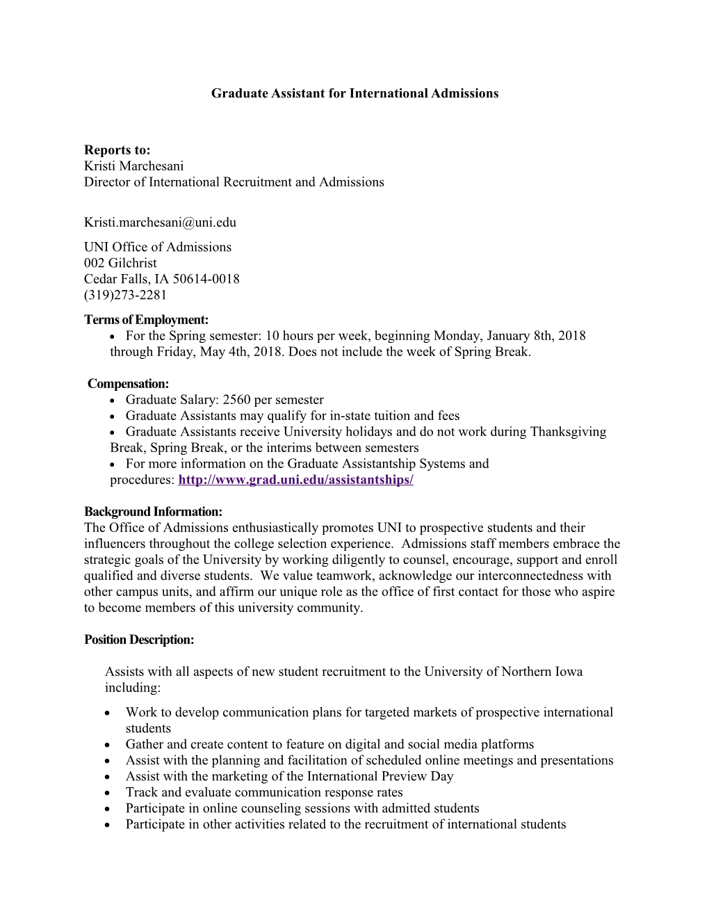 Graduate Assistant for International Admissions