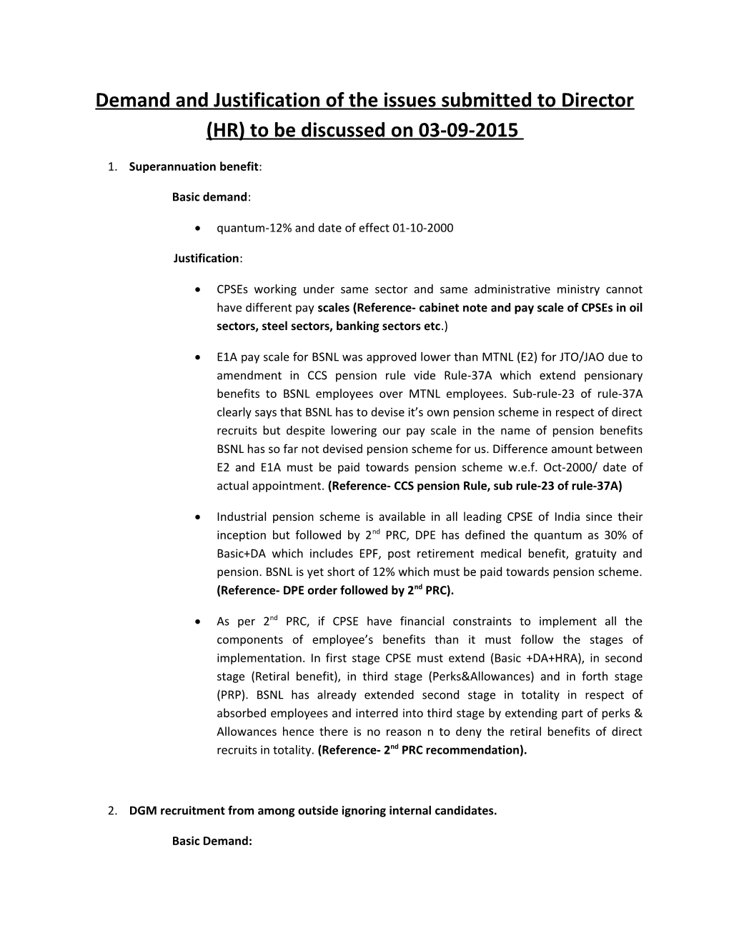 Demand and Justification of the Issues Submitted to Director (HR) to Be Discussed on 03-09-2015