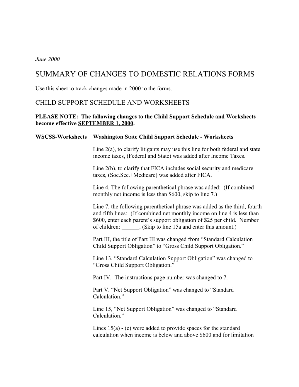 Summary of Changes to Domestic Relations Forms