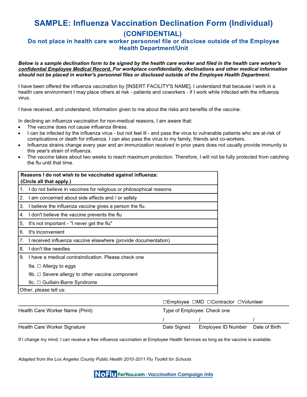 SAMPLE:Influenza Vaccination Declination Form (Individual)
