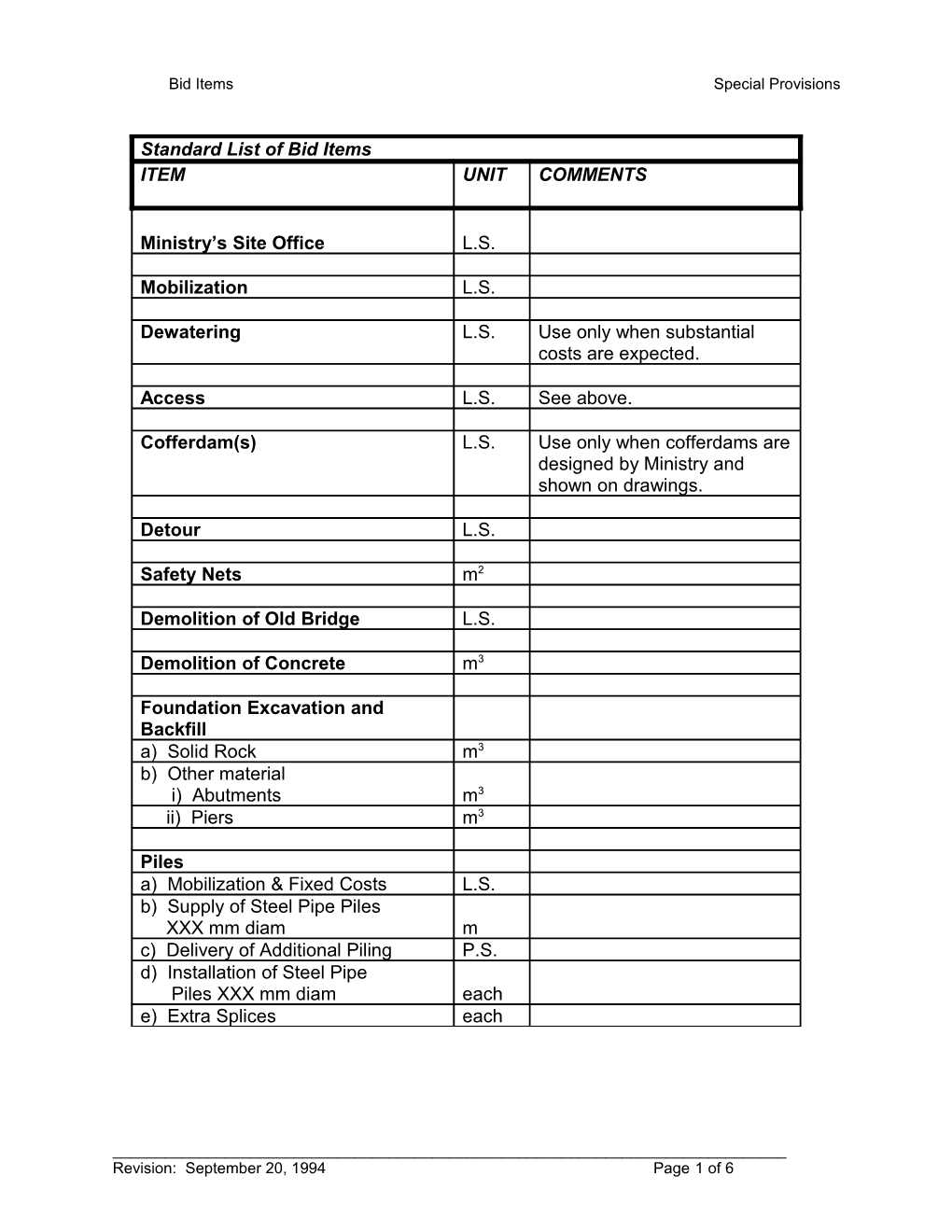 Standard List of Bid Items