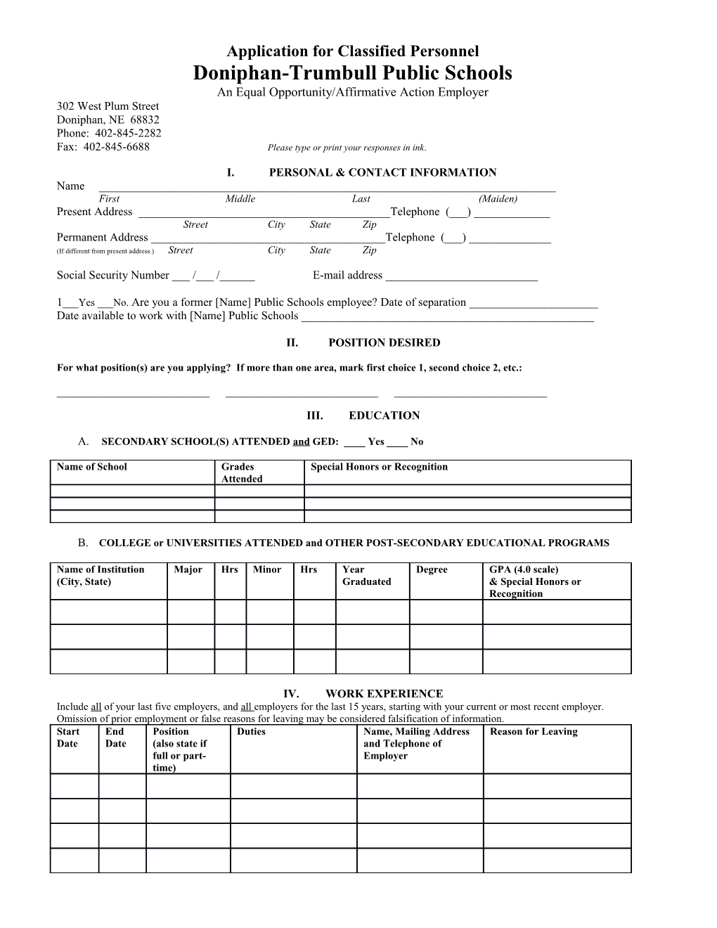 Application for Classified Personnel
