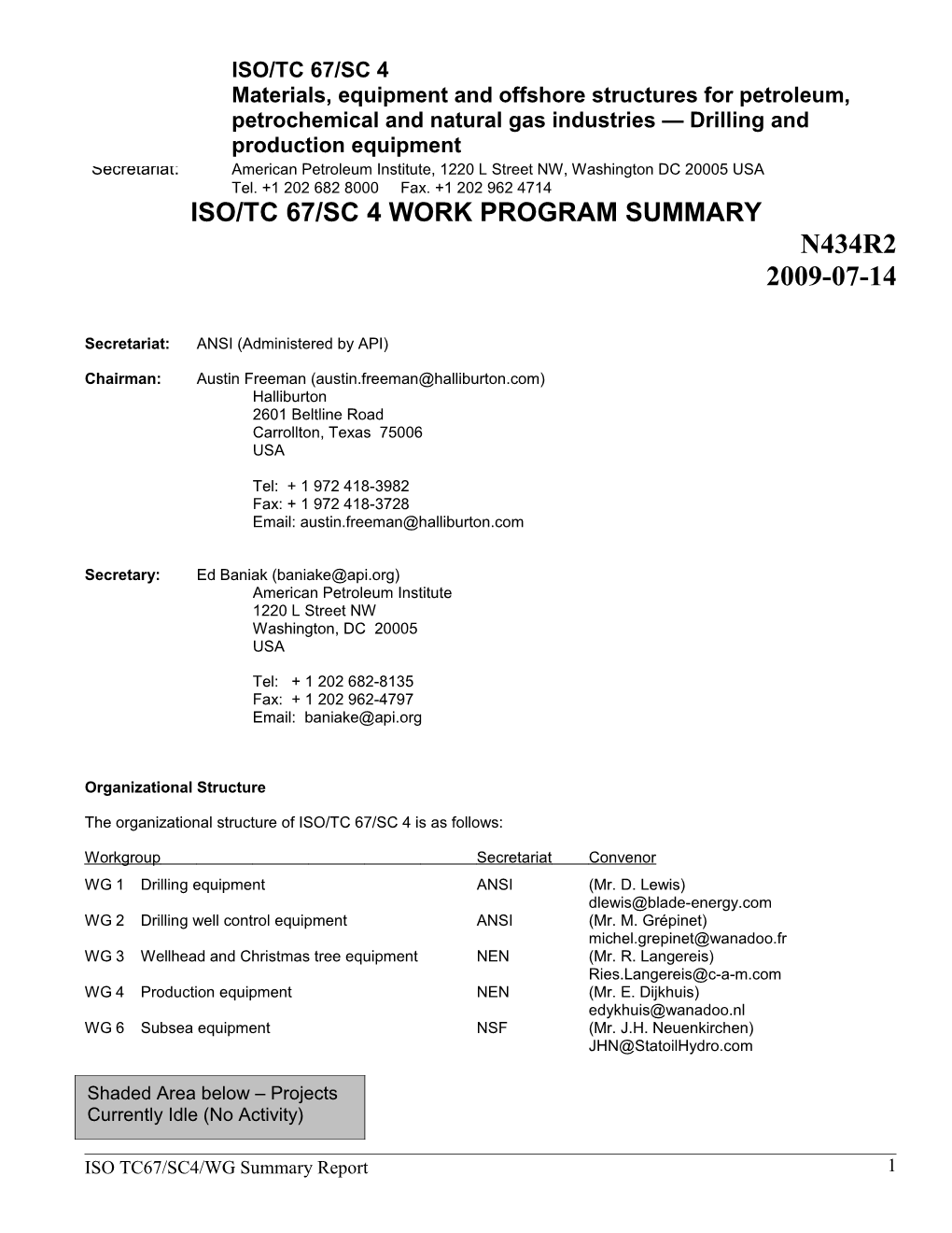 ISO/TC 67/SC 4 Work Programme - Continuously Maintained 2009-07-14