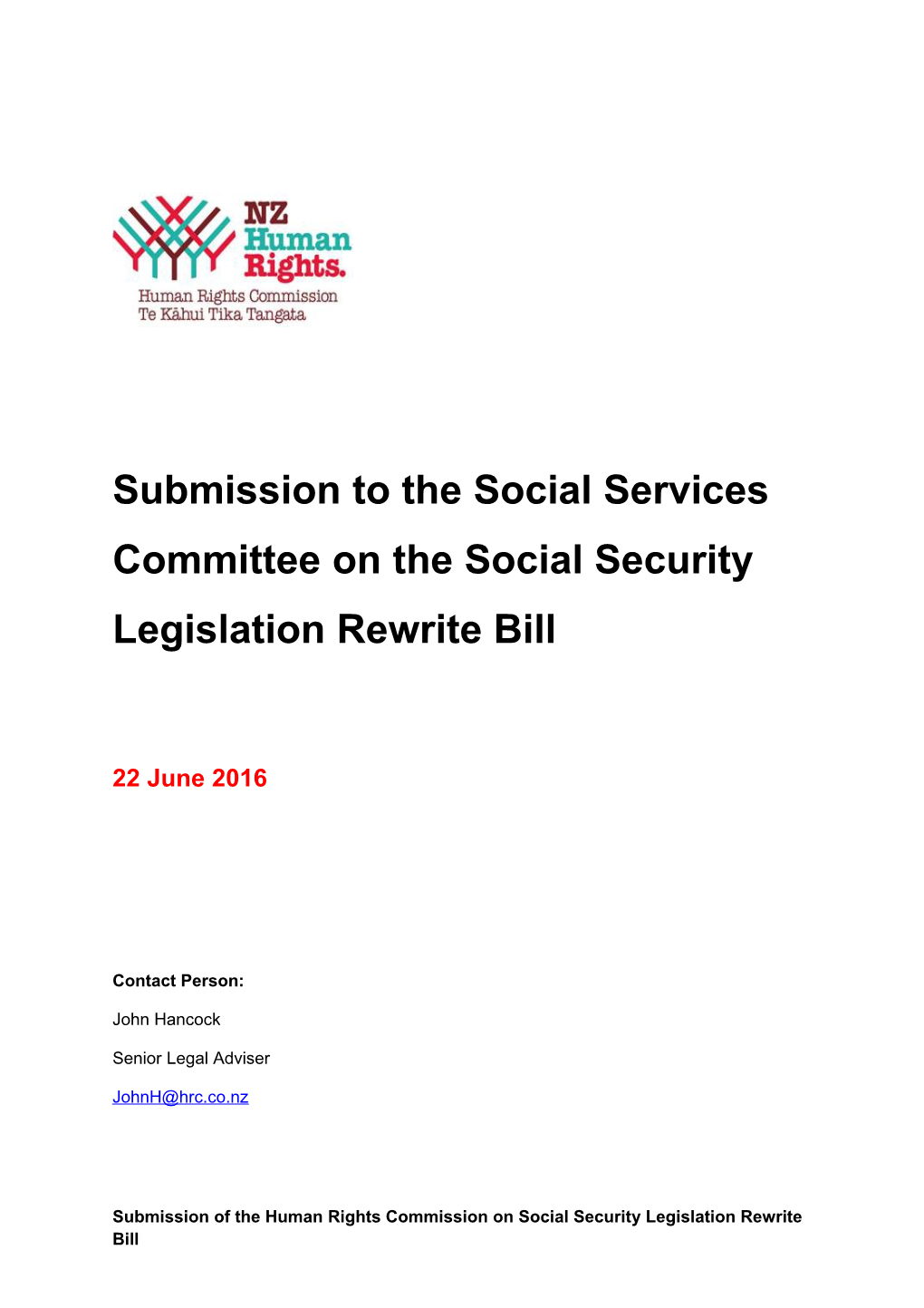 Submission to the Social Services Committee on the Social Security Legislation Rewrite Bill