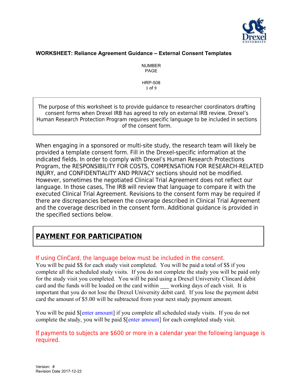 HRP-508 External IRB Consent Language Requirements