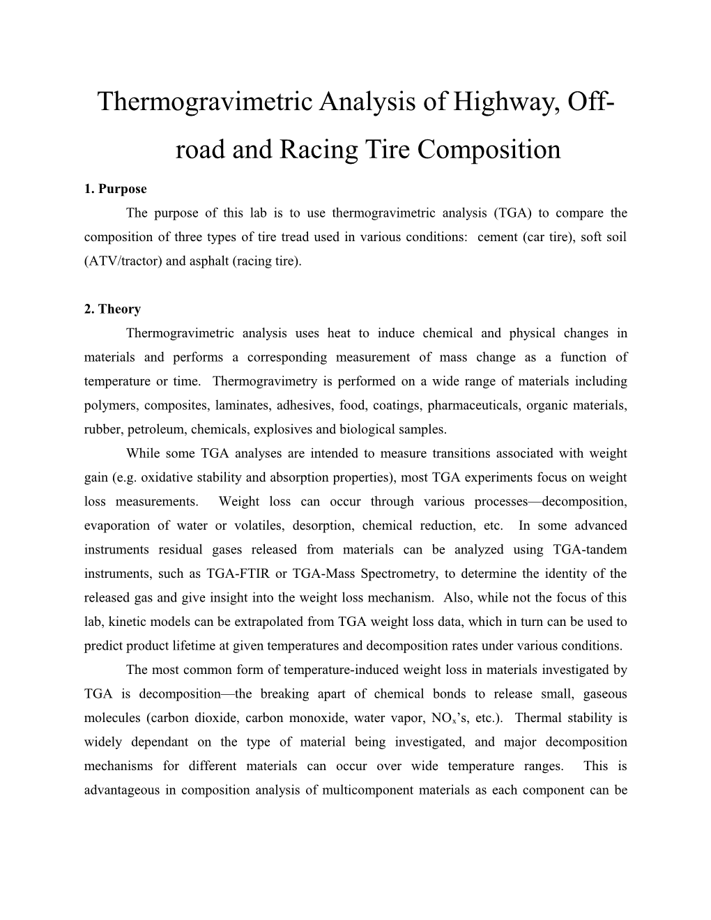 Thermogravimetric Analysis of Highway, Off-Road and Racing Tire Composition