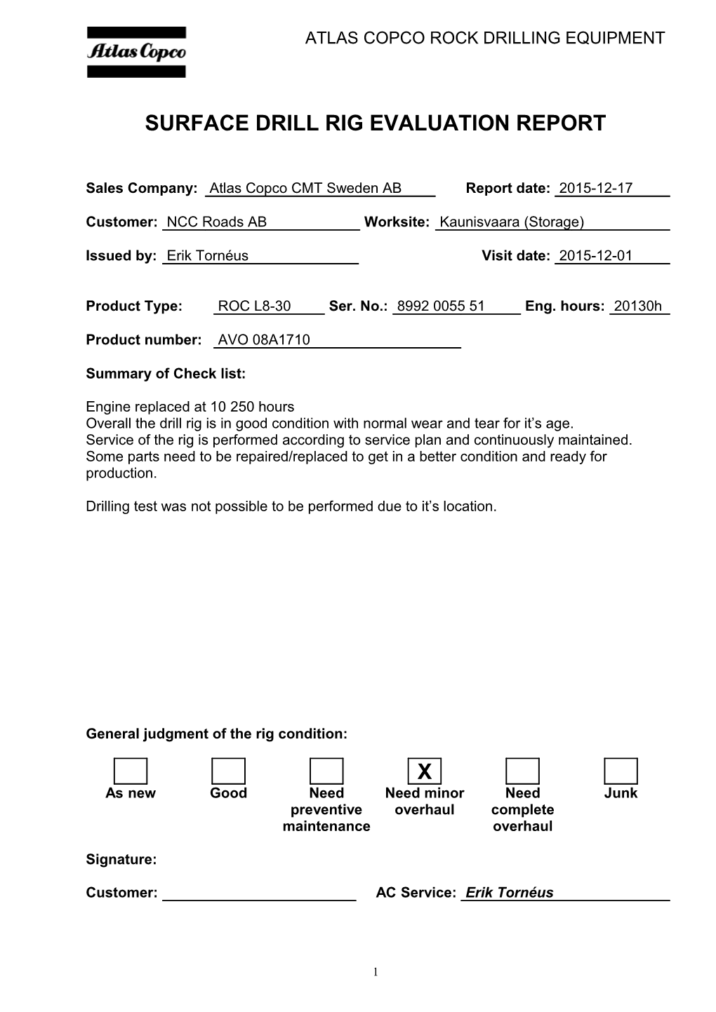 Surface Drill Rig Evaluation Report