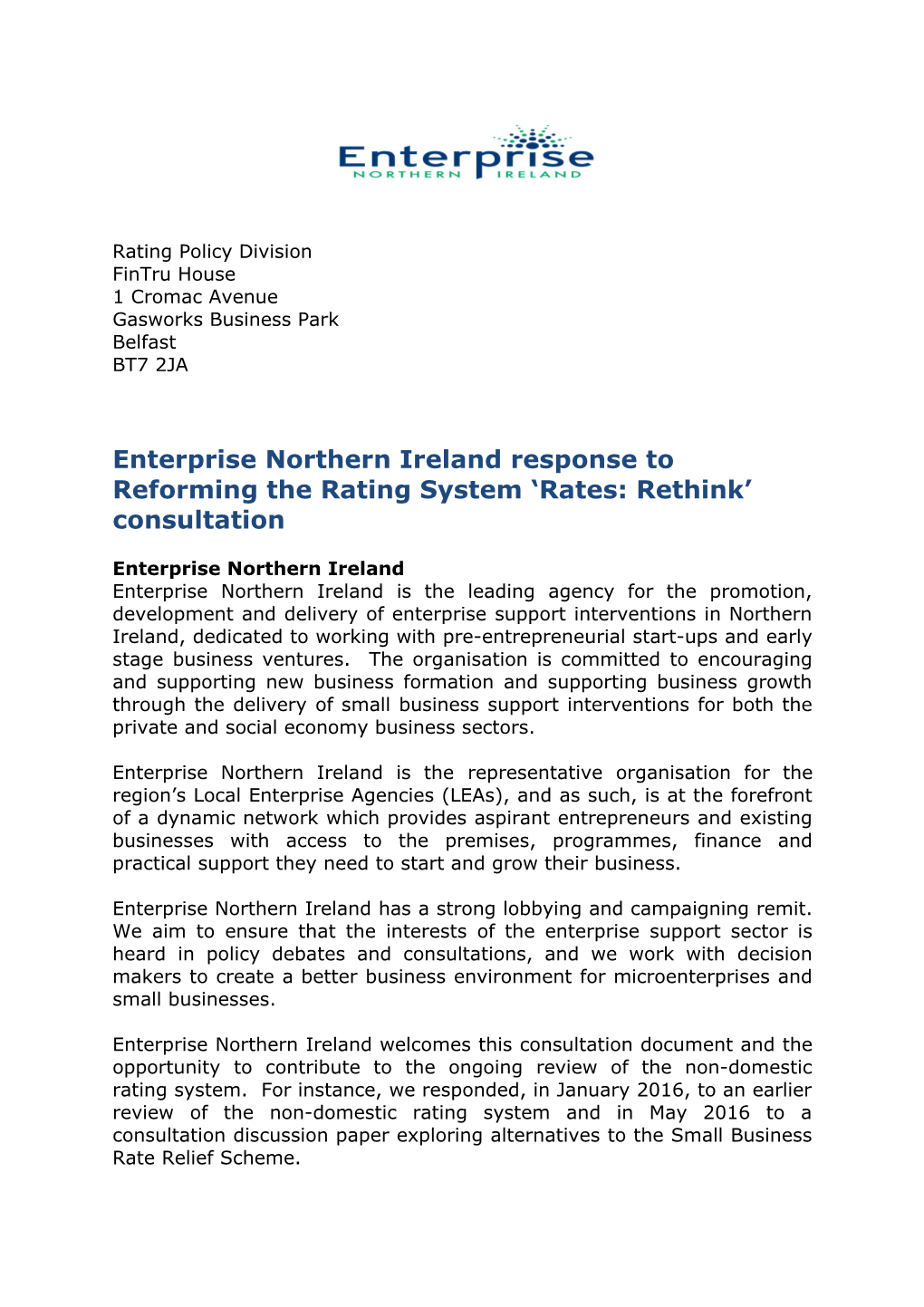 Enterprise Northern Ireland Response to Reforming the Rating System Rates: Rethink Consultation