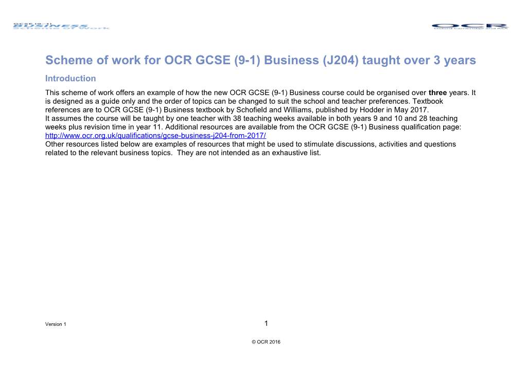 OCR GCSE (9-1) Business (J204) Scheme of Work Taught Over 3 Years