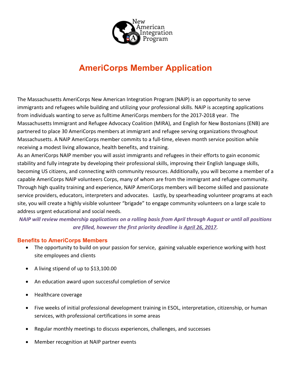 Americorps Member Application the Massachusetts Americorps New American Integration Program