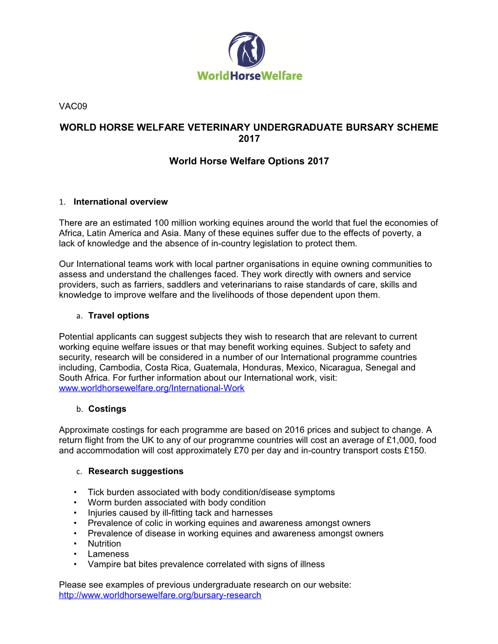 World Horse Welfare Veterinary Undergraduate Bursary Scheme 2017