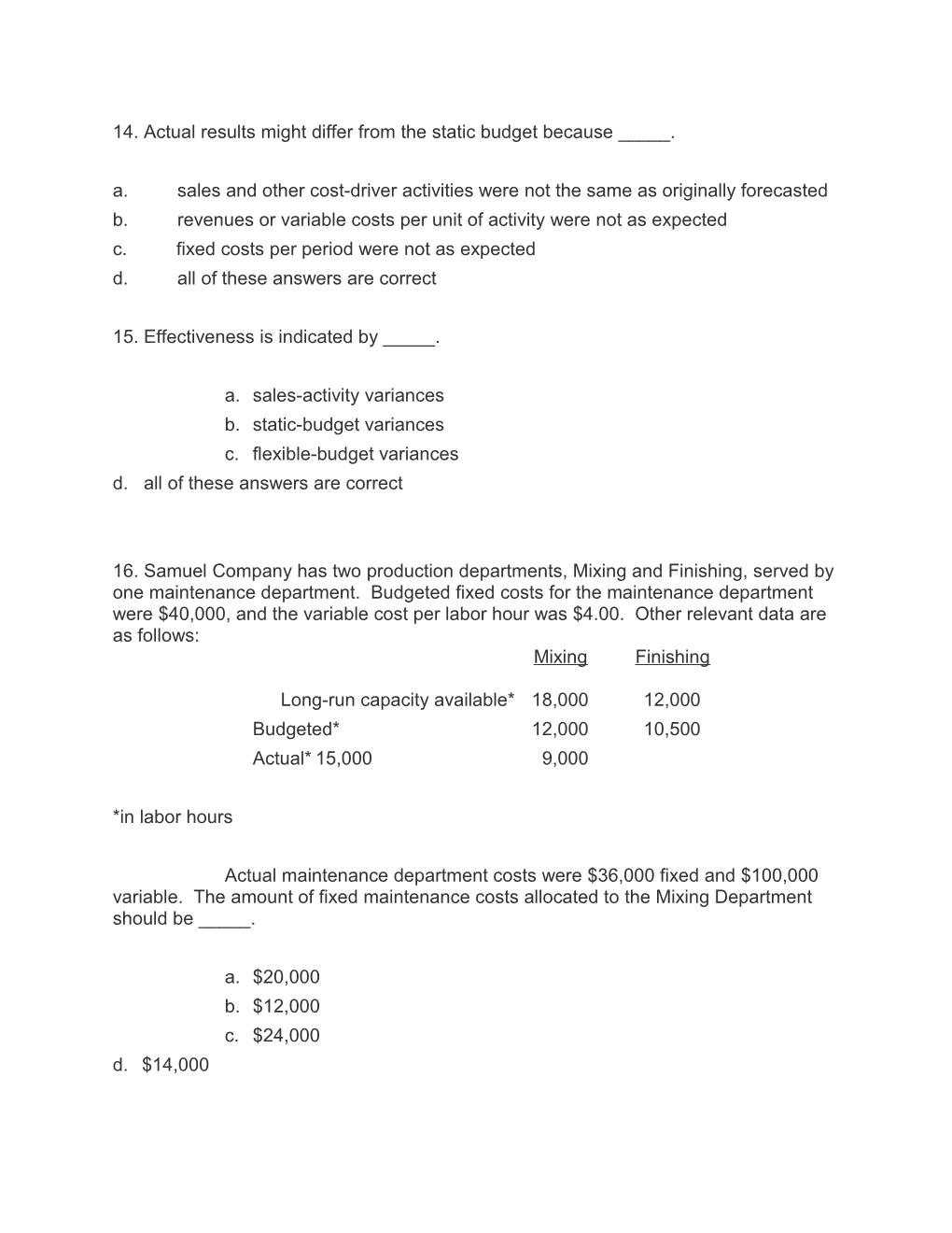 14. Actual Results Might Differ from the Static Budget Because _____