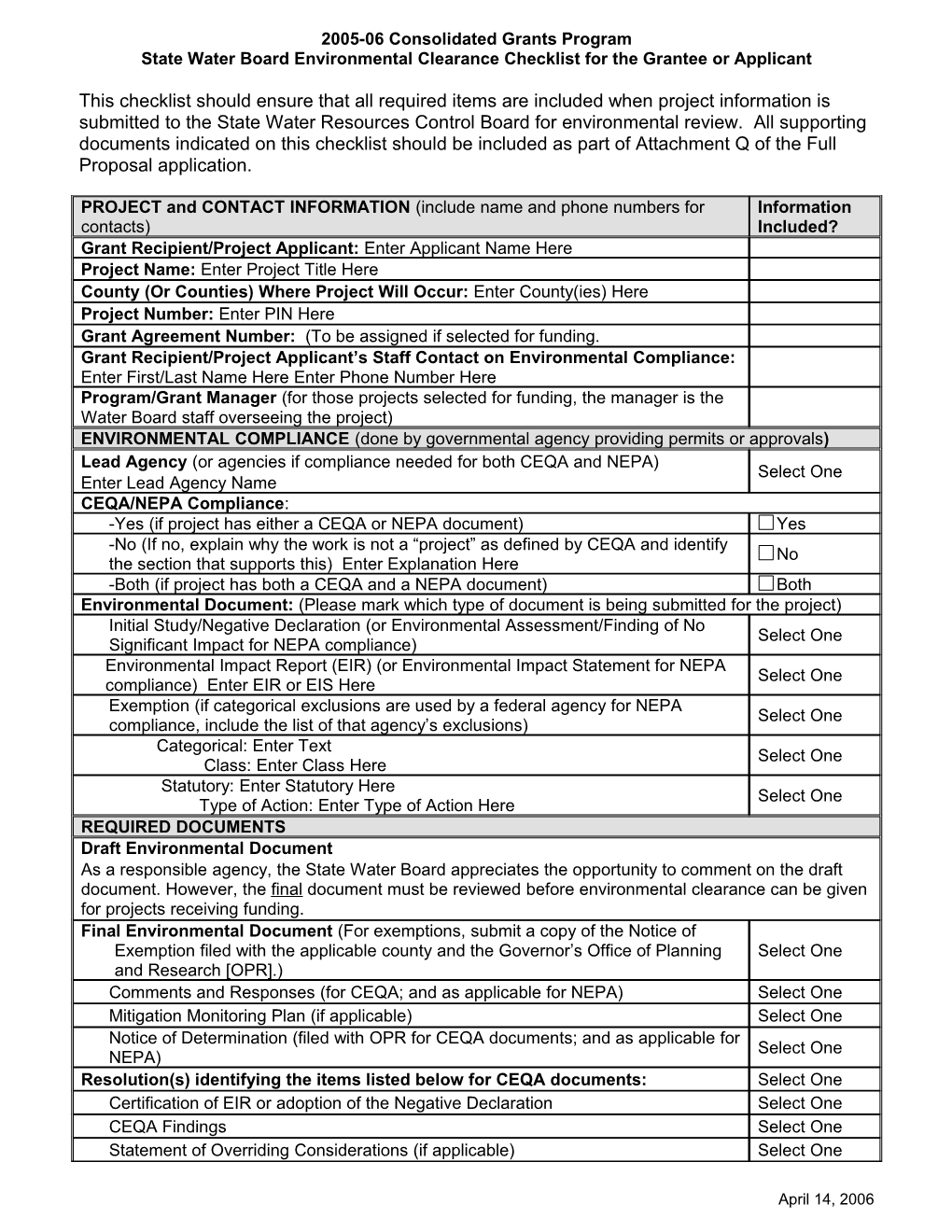 Environmental Clearance Checklist