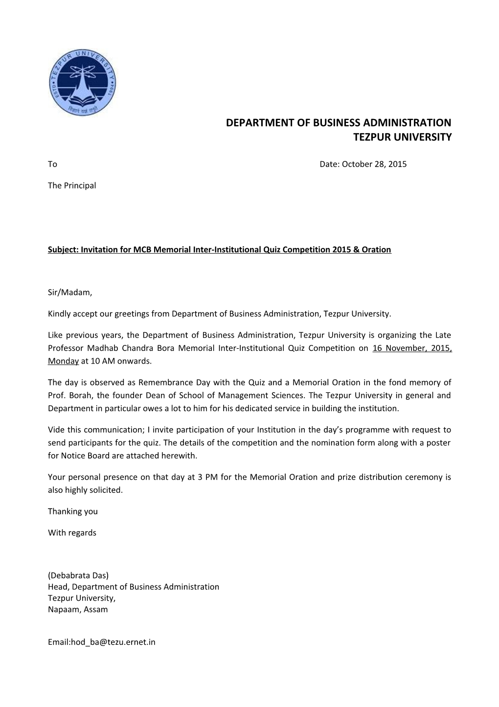 Subject: Invitation for MCB Memorial Inter-Institutional Quiz Competition 2015 & Oration
