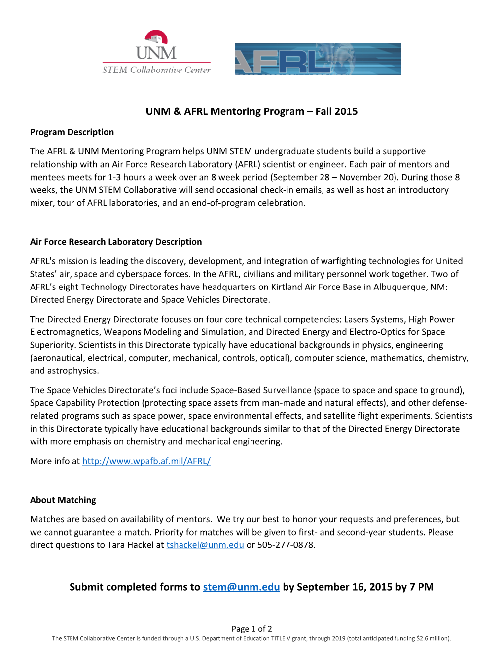UNM & AFRL Mentoring Program Fall 2015