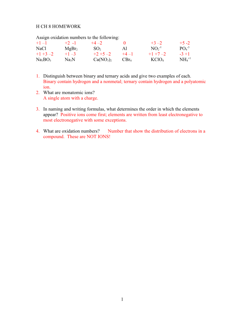 Assign Oxidation Numbers to the Following