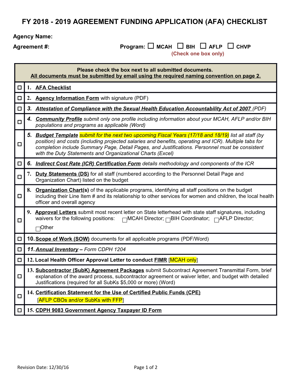 Fy 2018- 2019Agreement Funding Application (Afa)Checklist