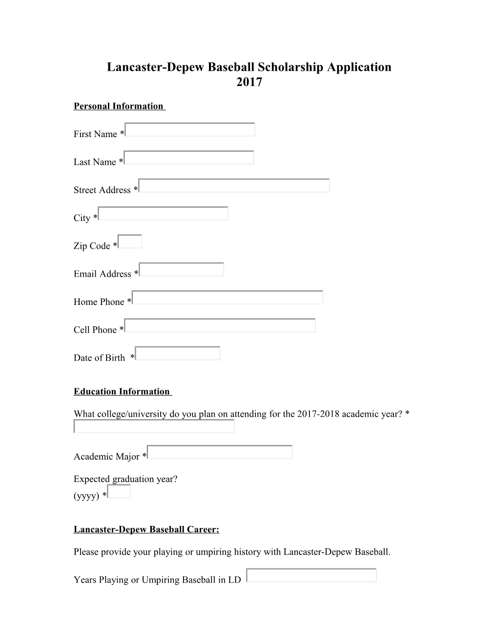 Lancaster-Depew Baseball Scholarshipapplication