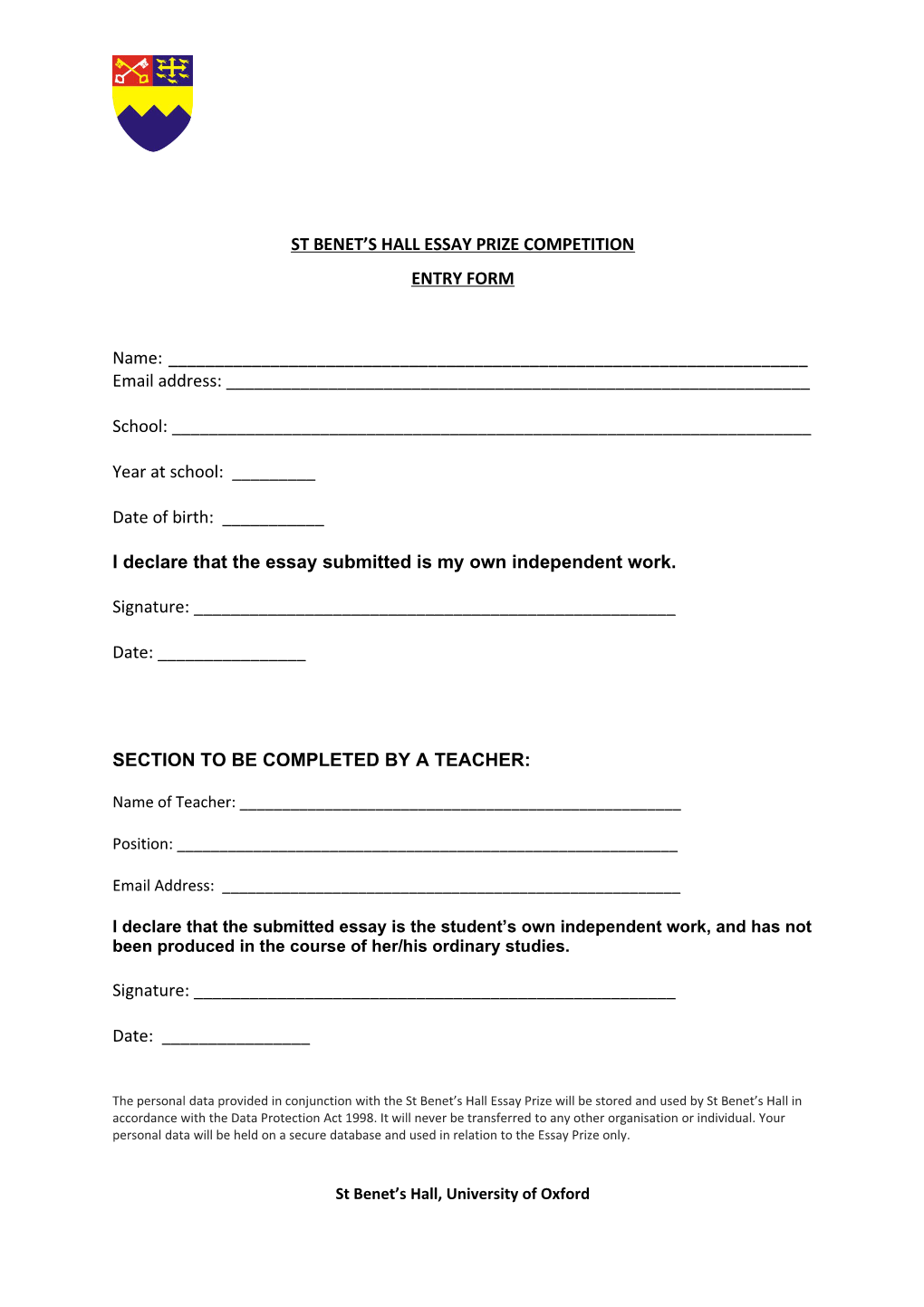 St Benet S Hall Essay Prize Competition
