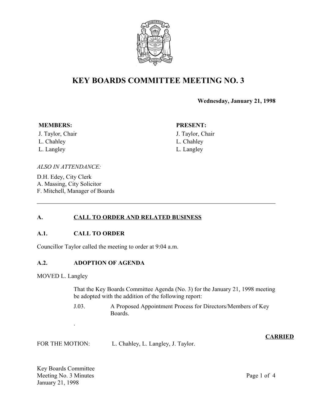 Minutes for Key Boards Committee January 21, 1998 Meeting