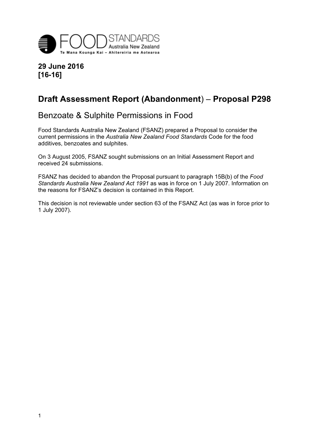 Draft Assessment Report (Abandonment) Proposal P298