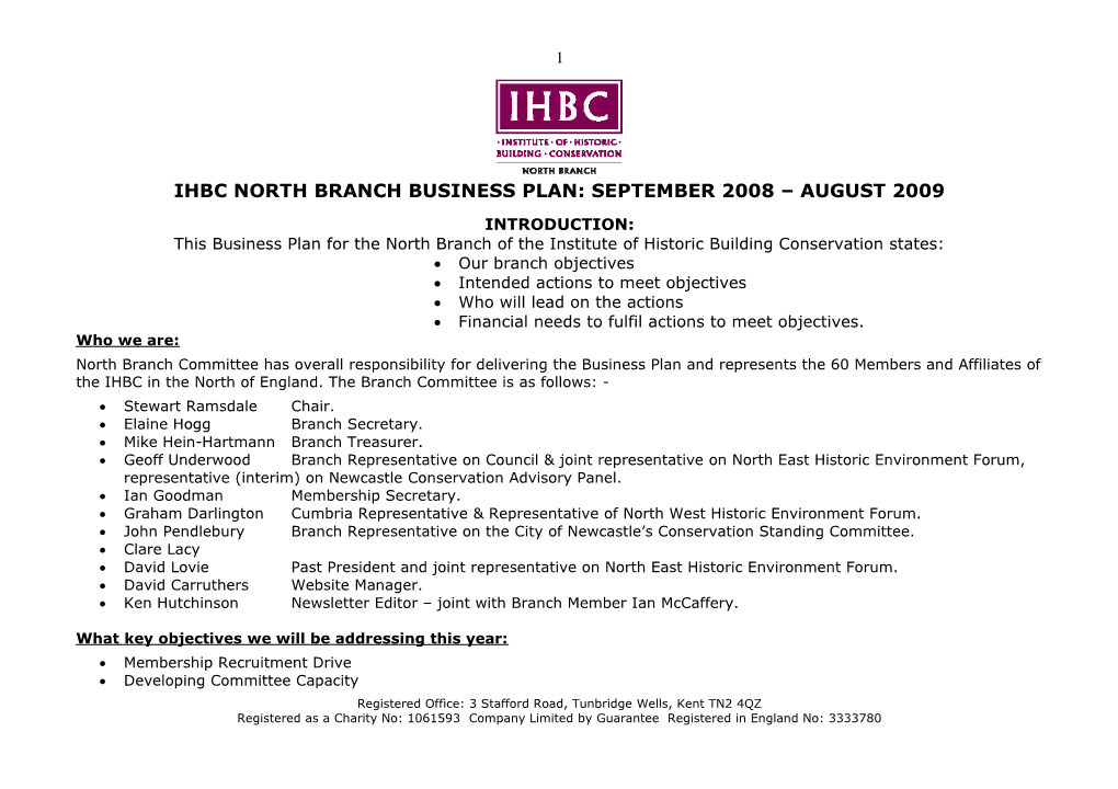 Ihbc North Branch Business Plan: September 2008 August 2009