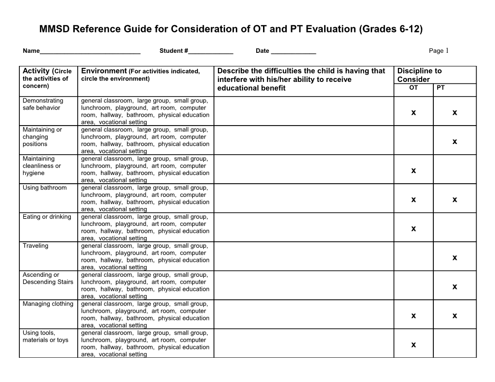 Sample Reference Guide for Teachers: Occupational Therapy
