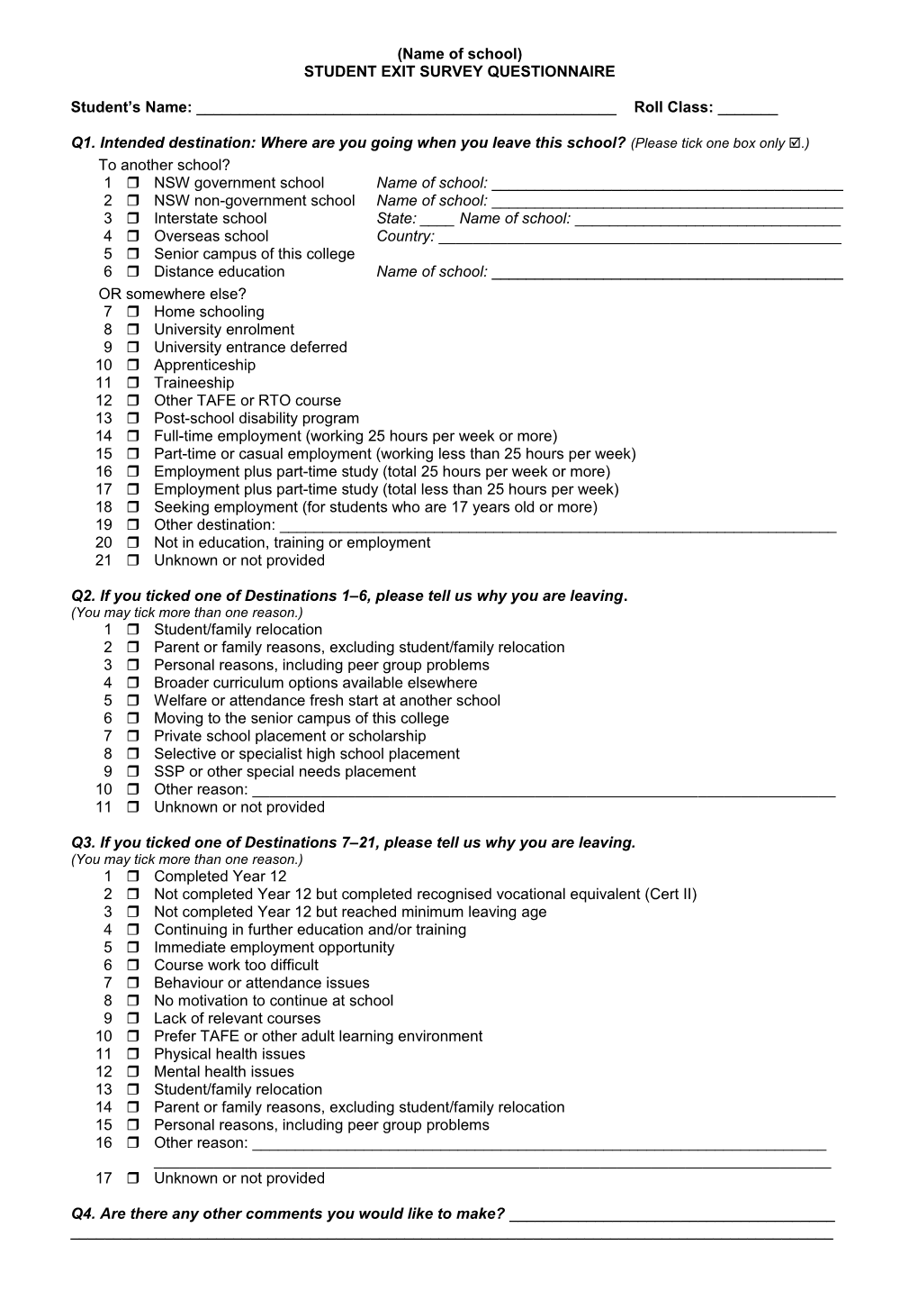 Exit Survey Questionnaire