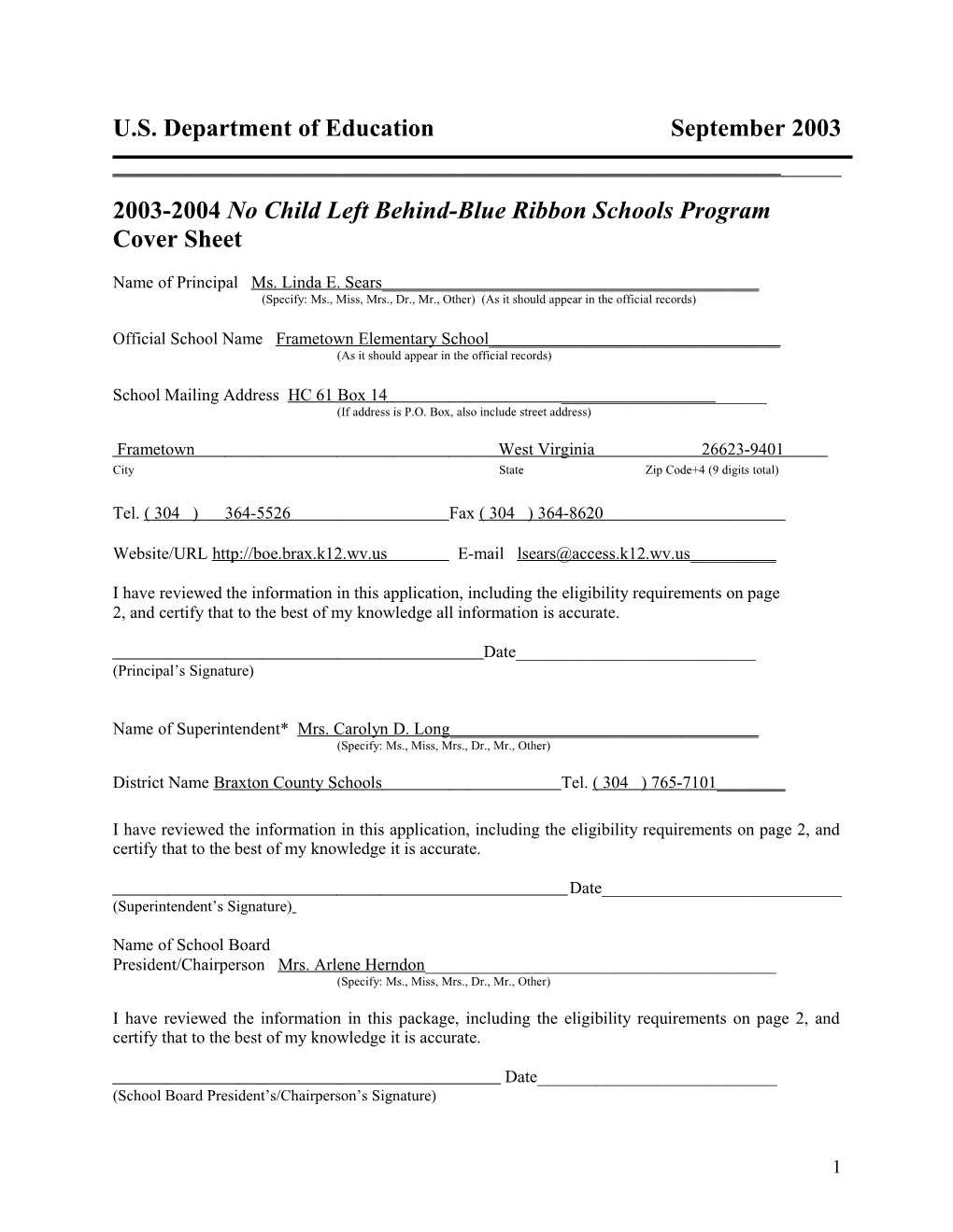 Frametown Elementary School 2004 No Child Left Behind-Blue Ribbon School Application (Msword)