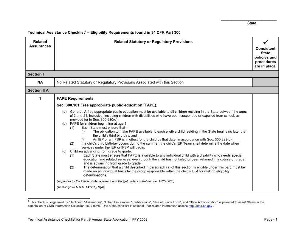 Technical Assistance Checklist Eligibility Requirements Found in 34 CFR Part 300(Rev. 12-04-07)