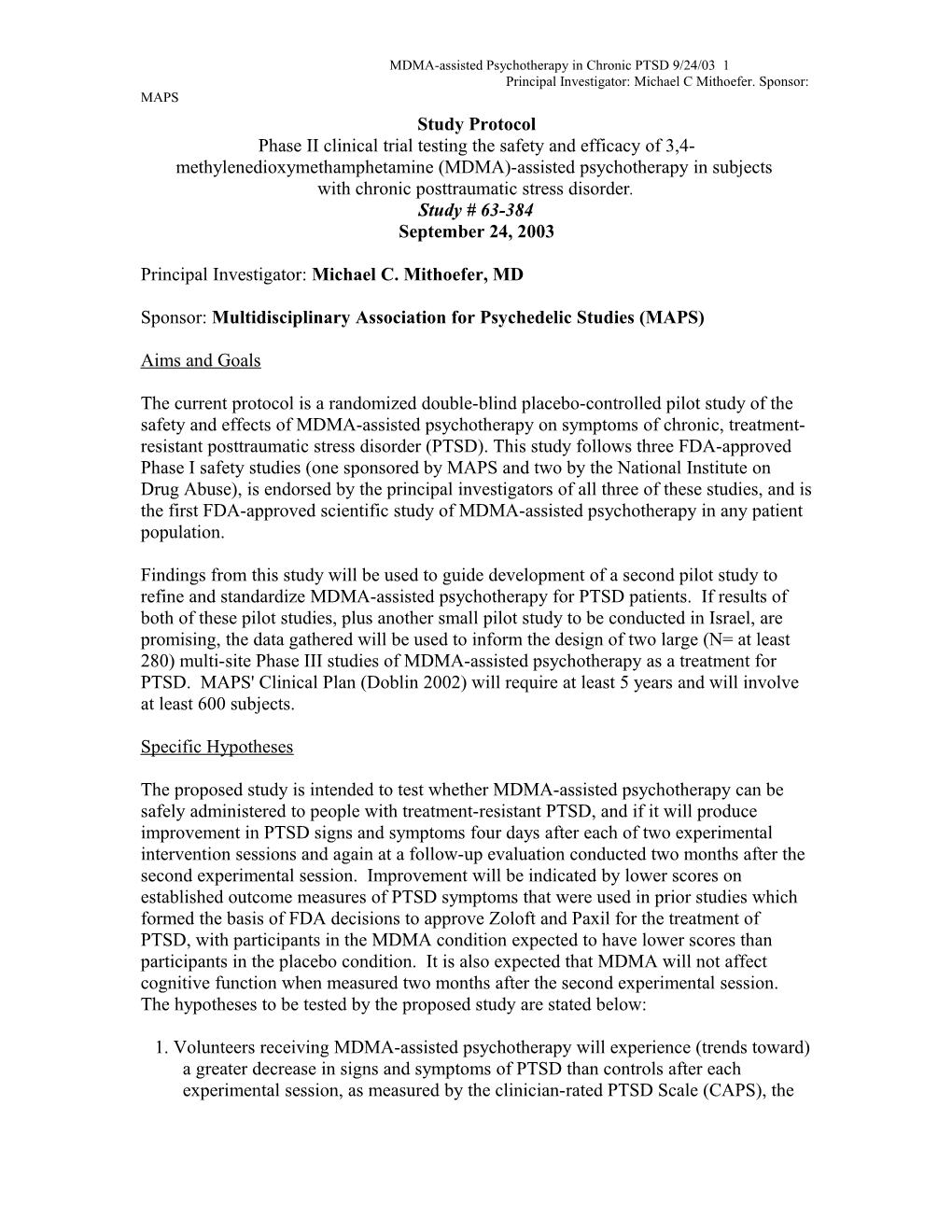MDMA-Assisted Psychotherapy in Chronic PTSD 9/24/03 1