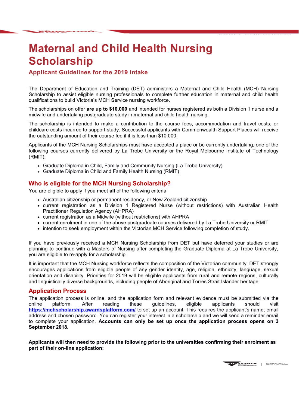 Maternal and Child Health Nursing Scholarship Applicant Guidelines for the 2019 Intake
