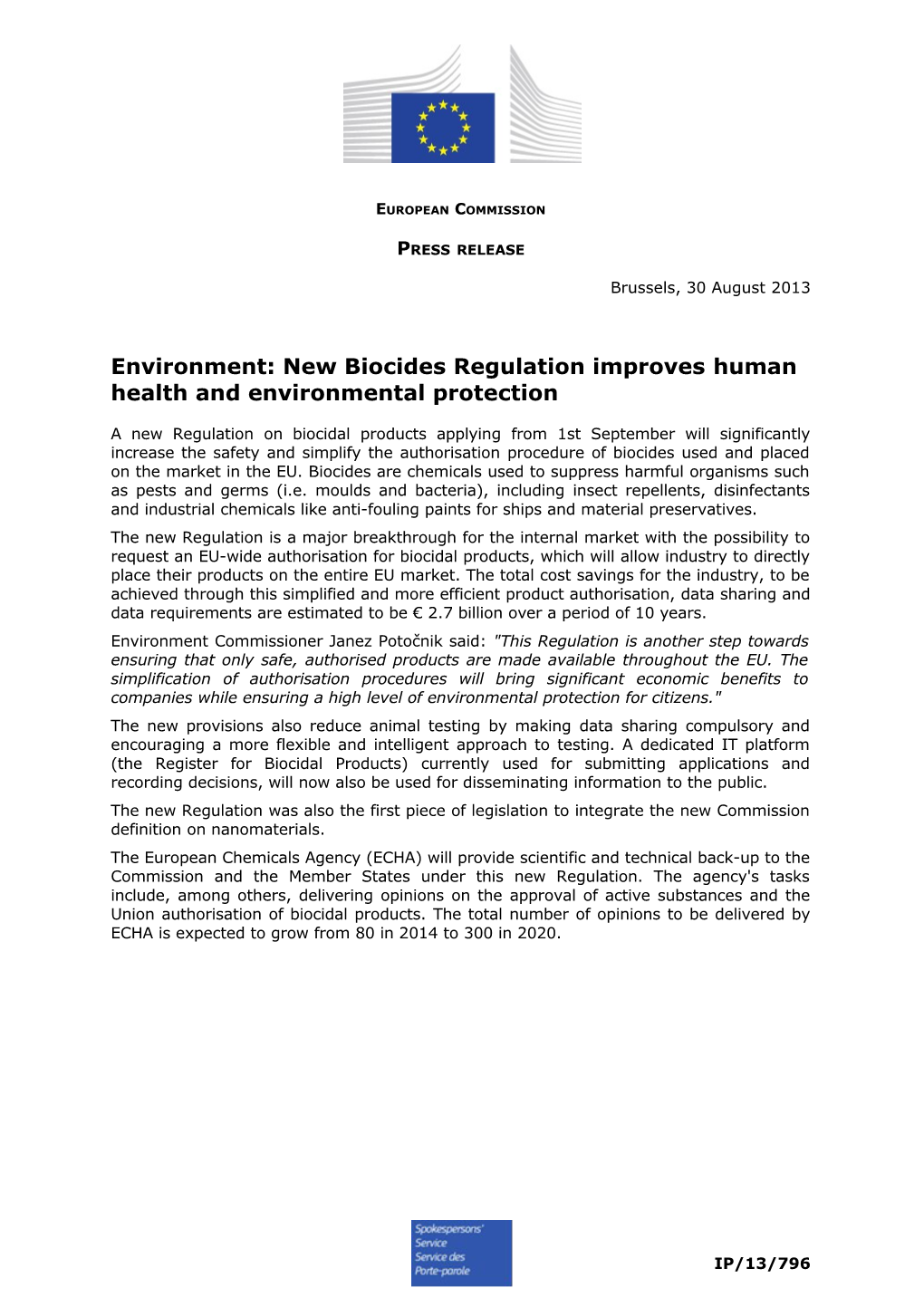 Environment: New Biocides Regulation Improveshuman Health and Environmental Protection