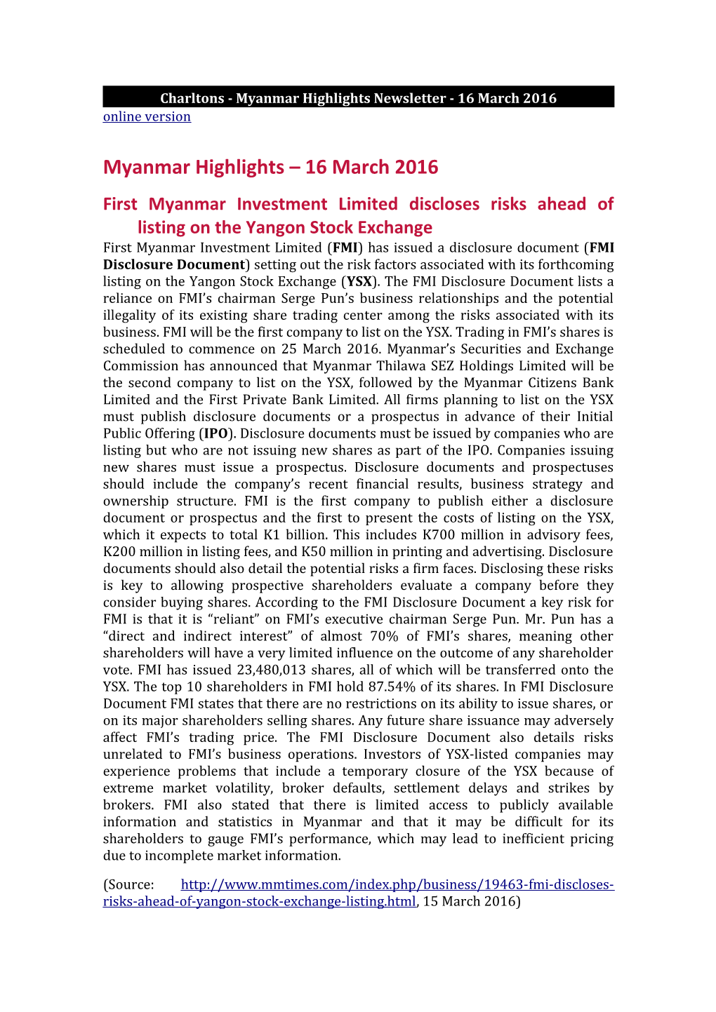Charltons - Myanmar Highlights Newsletter - 16 March 2016