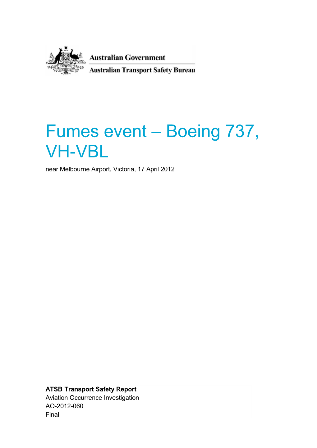 Fumes Event Boeing 737, VH-VBL