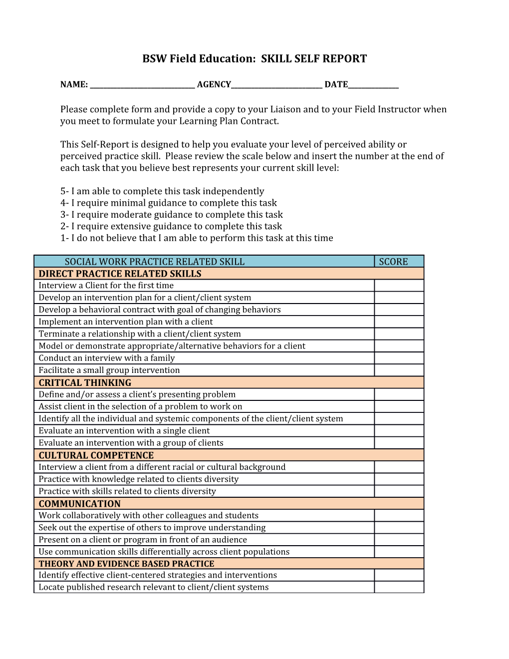 BSW Field Education: SKILL SELF REPORT