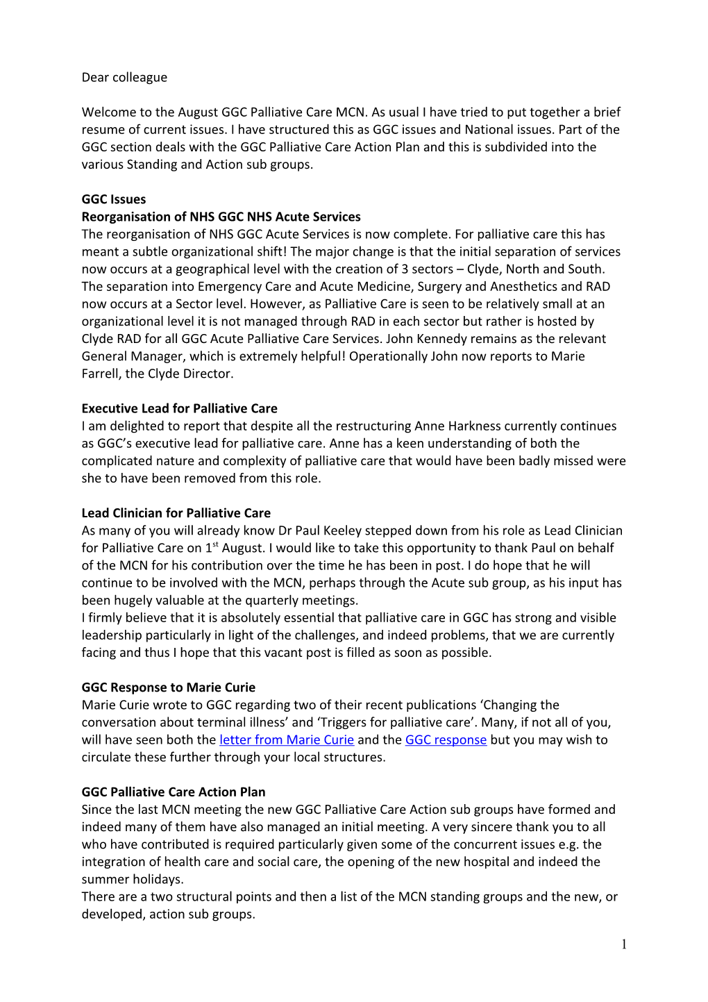 Reorganisation of NHS GGC NHS Acute Services